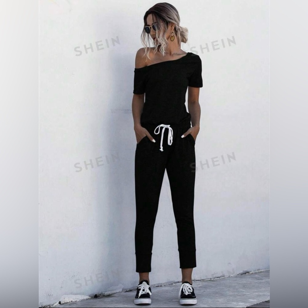 SHEIN Lune Solid Asymmetrical Neck Drawstring Waist Slant Pocket Tee Jumpsuit
